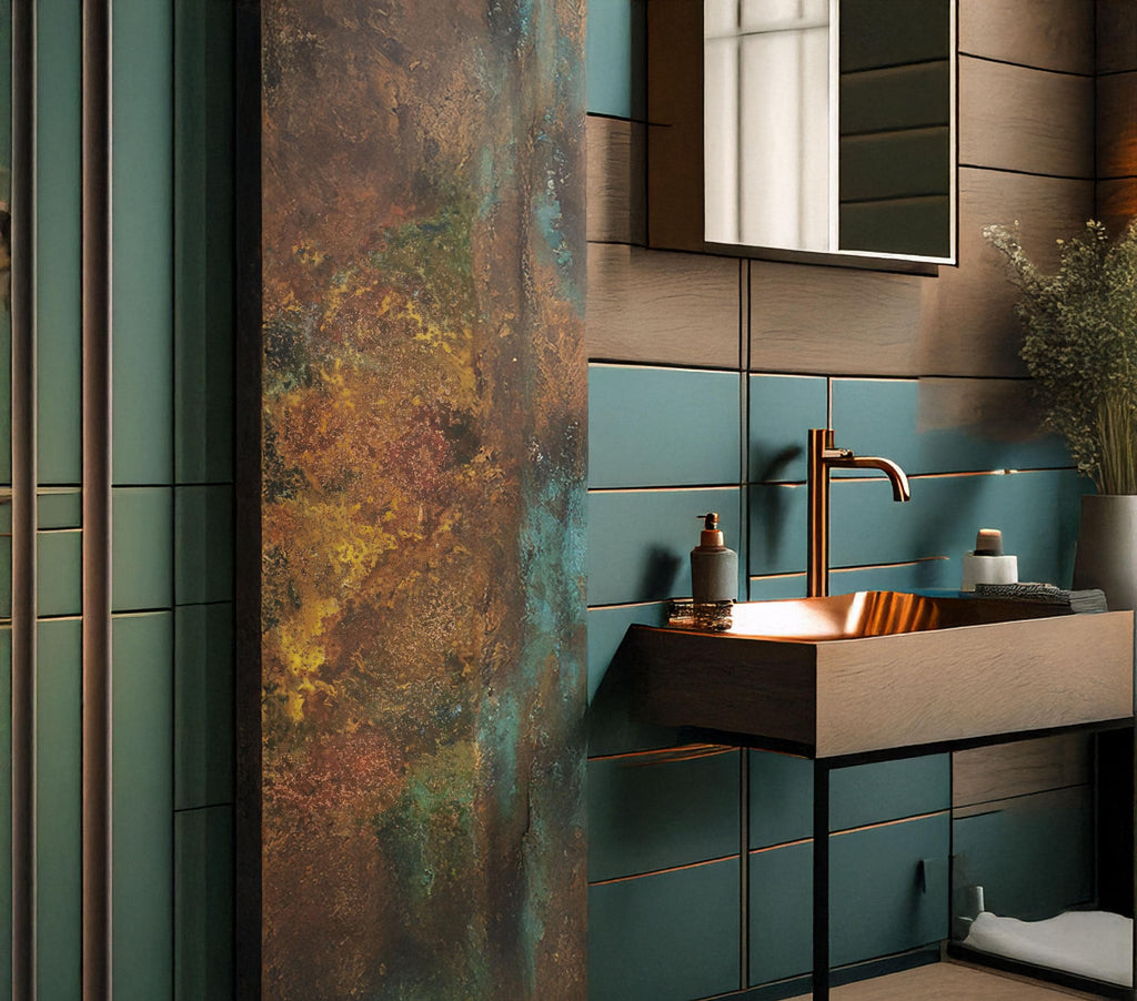 Miedziany panel ścienny Savage Copper Bloom z turkusową patyną w nowoczesnej łazience