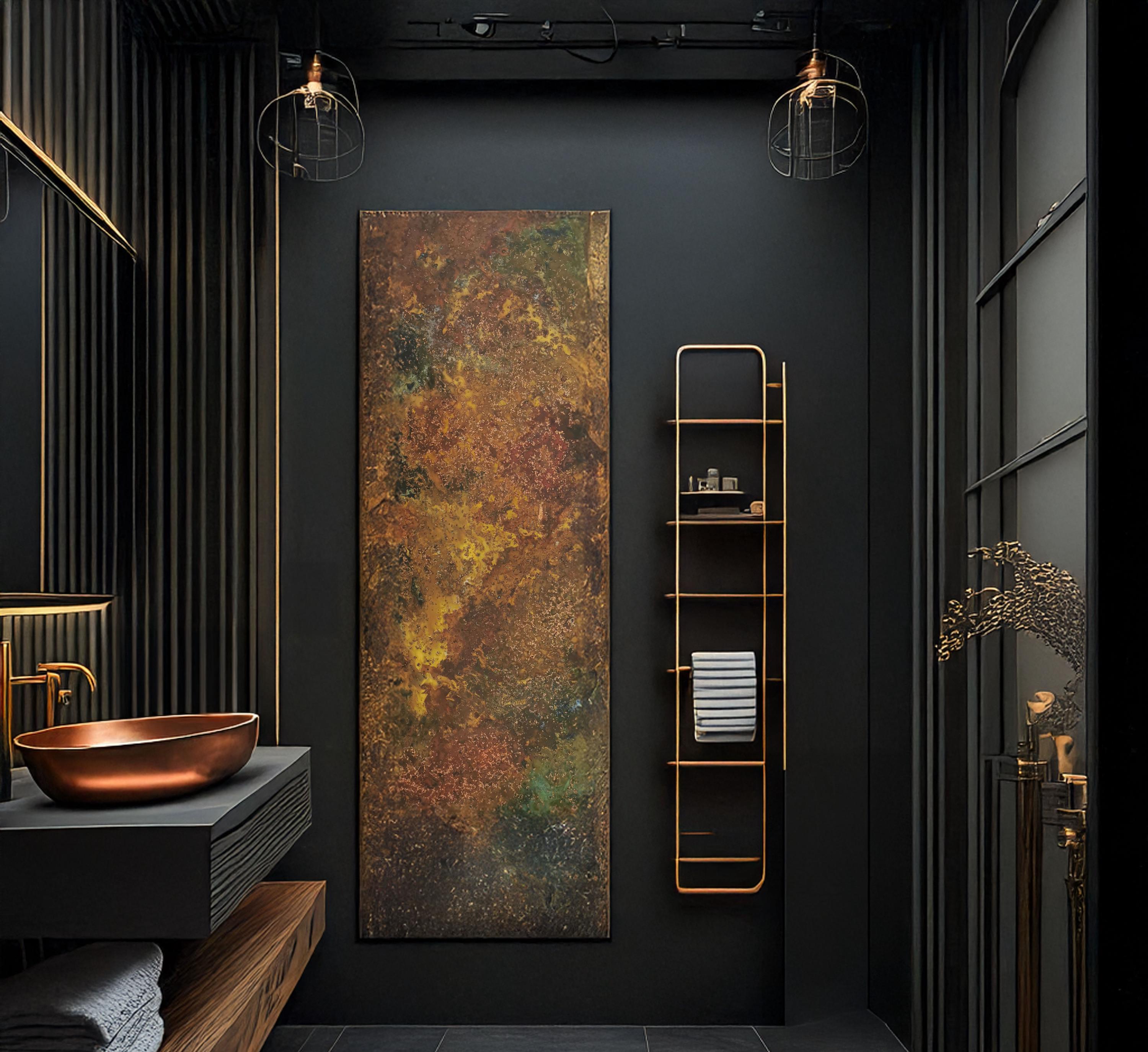 Wysoki panel ścienny z miedzi Savage Copper Bloom w ciemnej łazience premium