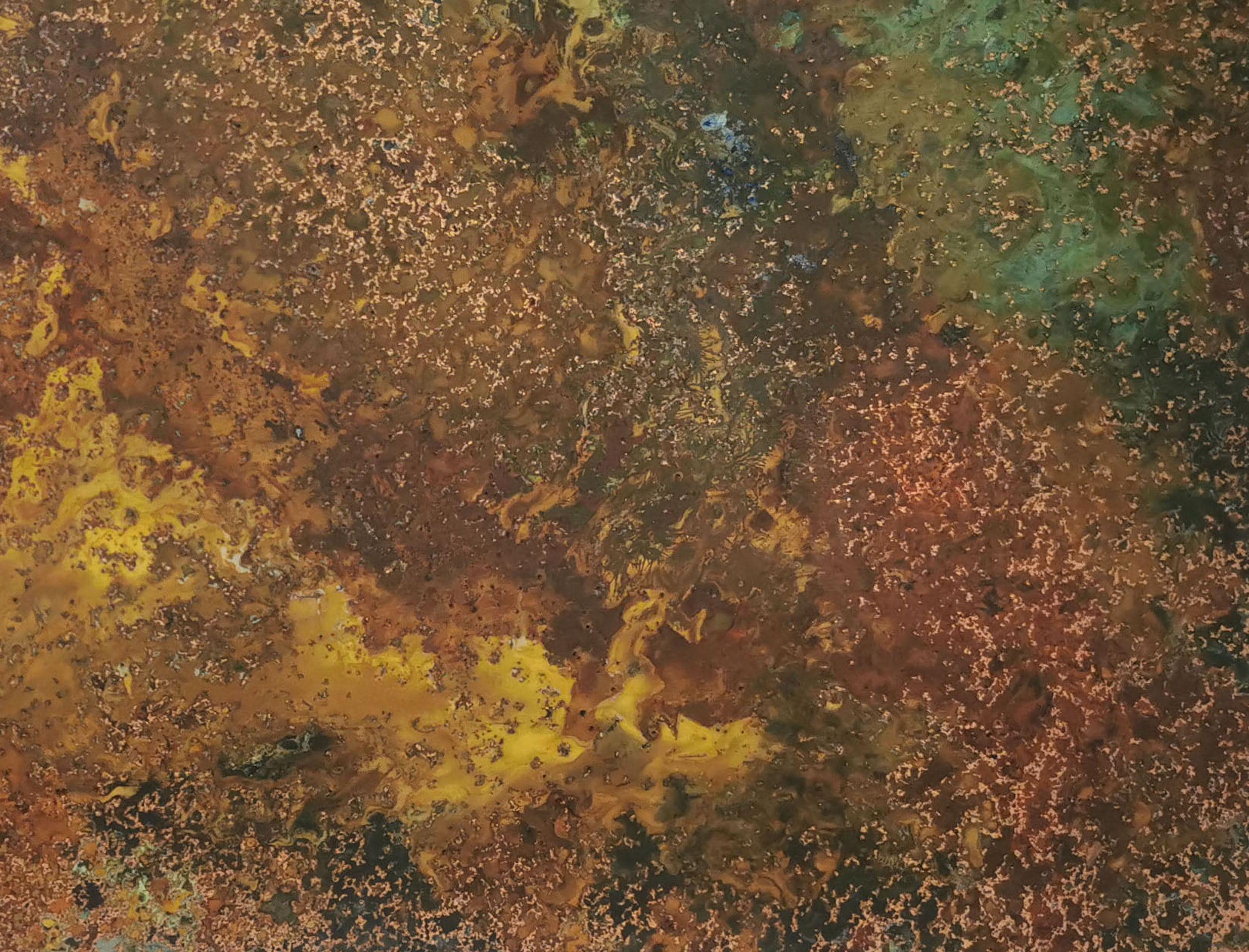 Zbliżenie turkusowo-ognistej patyny na panelu miedzianym Savage Copper Bloom
