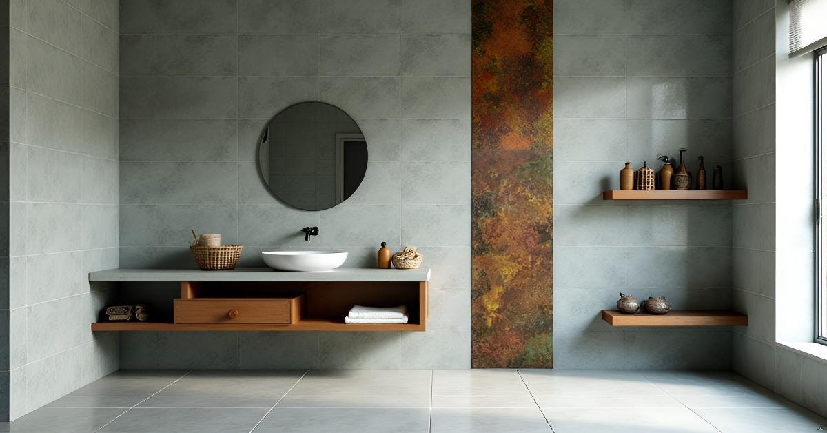 Miedziany panel dekoracyjny Savage Copper Bloom koło umywalki w łazience