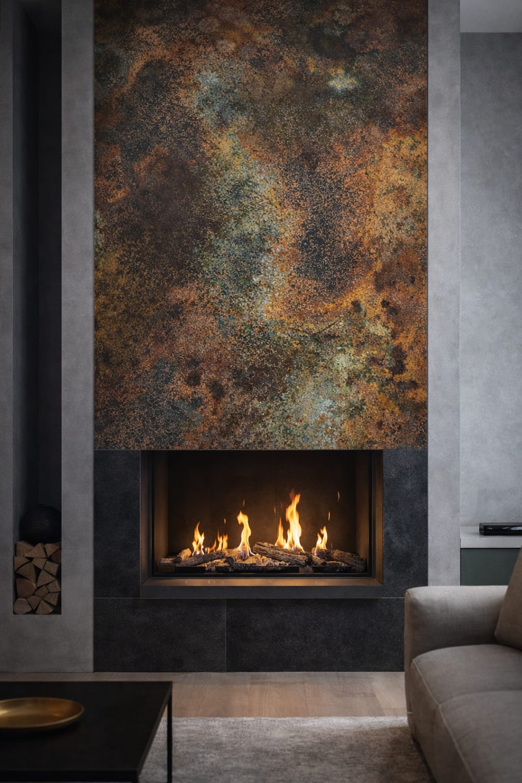 Patynowany panel miedziany Savage Copper Bloom jako dekoracja ściany przy kominku