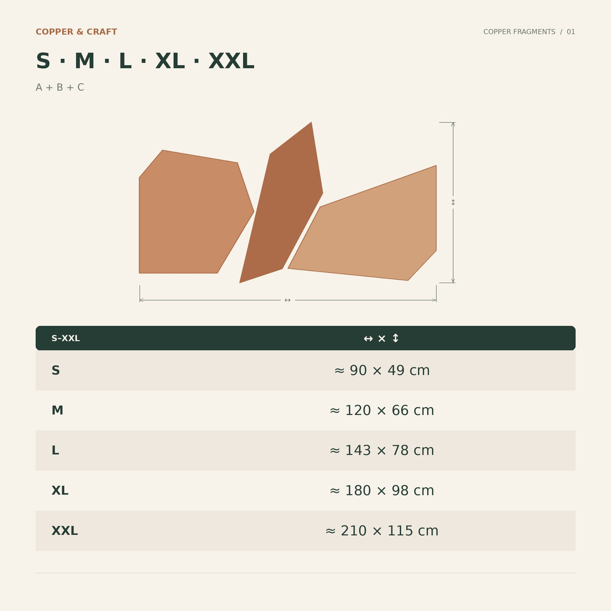 Copper Fragments – rozmiary zestawu 3 paneli A + B + C od S 90 x 49 cm do XXL 210 x 115 cm