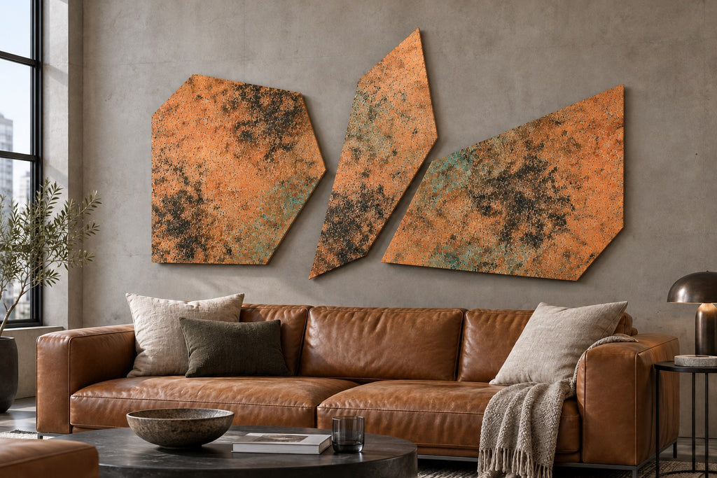 Copper Fragments Mystic Copper Nebula – 3 panele z miedzi nad skórzaną sofą w salonie, wizualizacja aranżacji