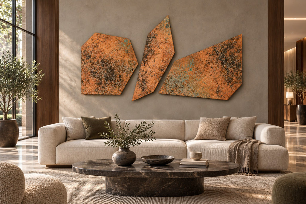 Copper Fragments Mystic Copper Nebula – 3 panele z miedzi nad sofą w lobby hotelowym, wizualizacja aranżacji