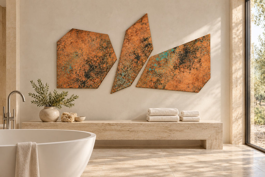 Copper Fragments Mystic Copper Nebula – 3 panele z miedzi nad kamienną ławą w łazience w stylu spa, wizualizacja aranżacji