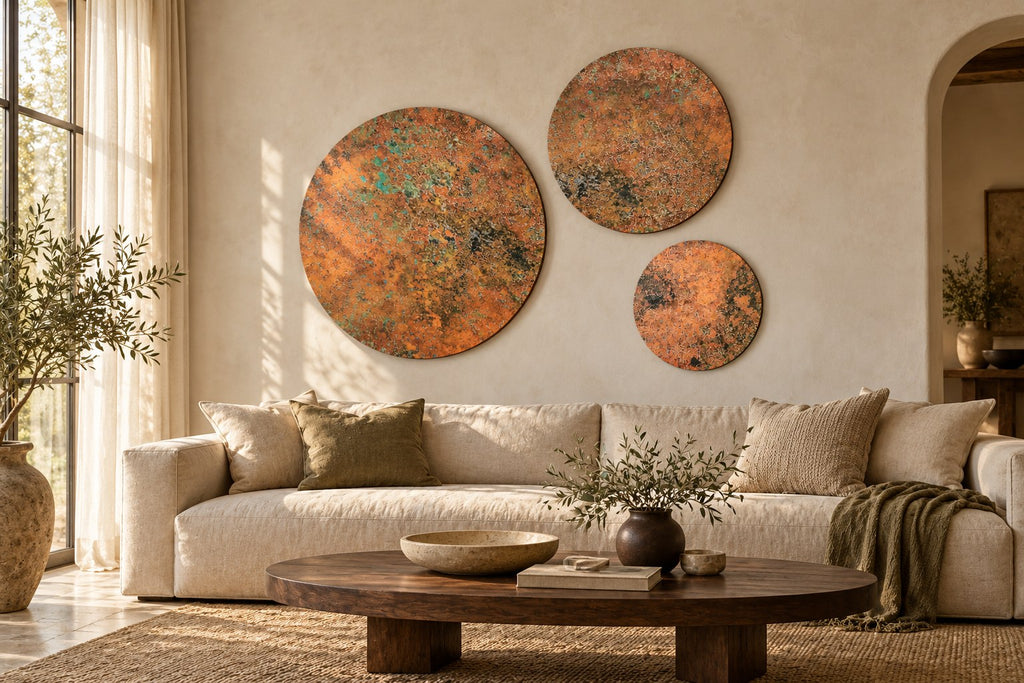 Copper Orbit Mystic Copper Nebula – set of 3 round real copper wall panels, warm copper with charcoal clouds and turquoise verdigris, above a beige sofa in a sunlit living room, room visualization