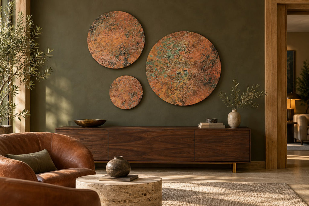 Copper Orbit Mystic Copper Nebula – 3 copper circle wall art panels on an olive green wall above a walnut sideboard, room visualization