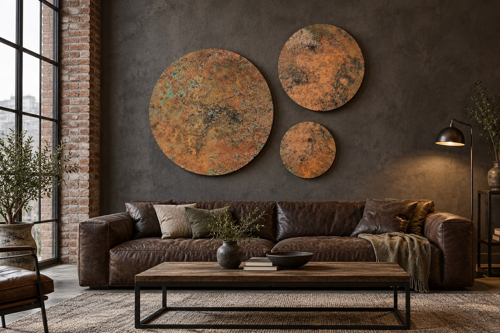 Copper Orbit Mystic Copper Nebula – 3 round copper panels on a dark wall above a brown leather sofa in an industrial brick loft, room visualization