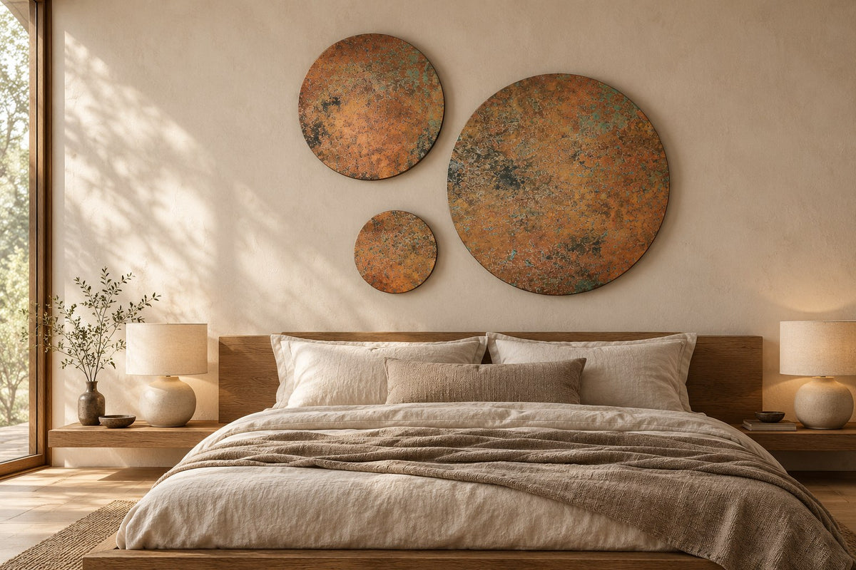 Copper Orbit Mystic Copper Nebula – 3 real copper circles at different heights above a linen bed with a wooden headboard, bedroom visualization
