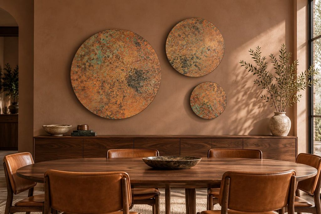 Copper Orbit Mystic Copper Nebula – set of 3 round copper panels on a terracotta wall above a walnut sideboard and dining table, room visualization