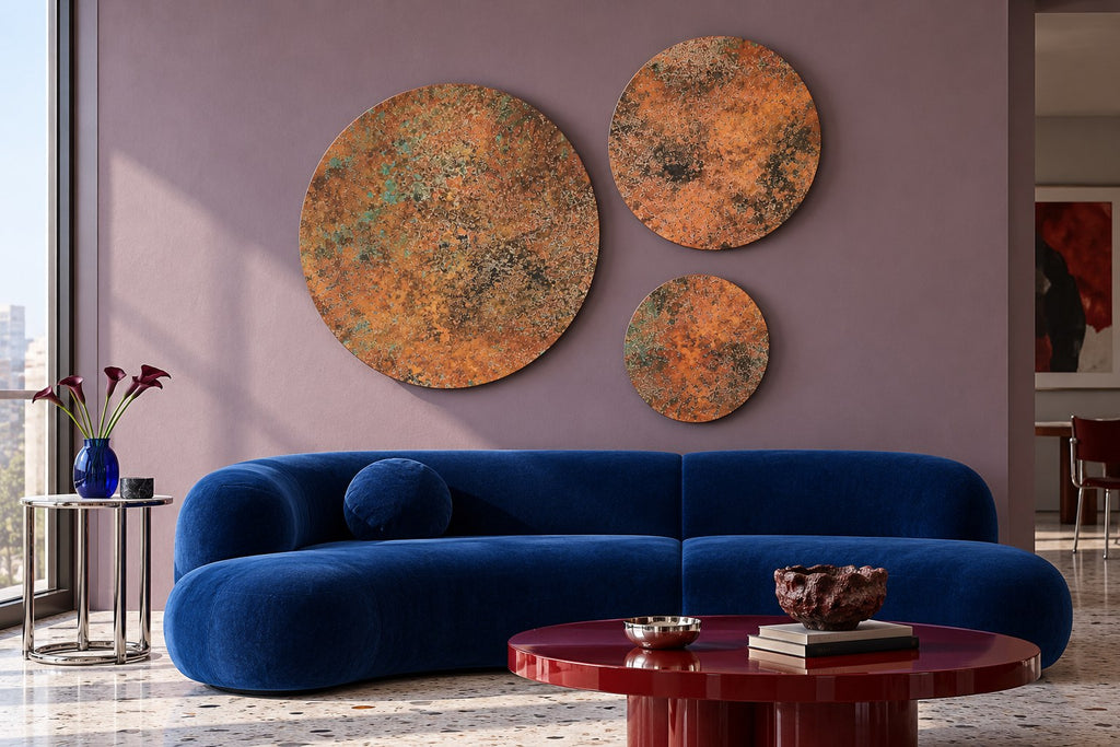 Copper Orbit Mystic Copper Nebula – 3 copper circle panels on a mauve wall above a blue velvet sofa and a red lacquered coffee table, room visualization
