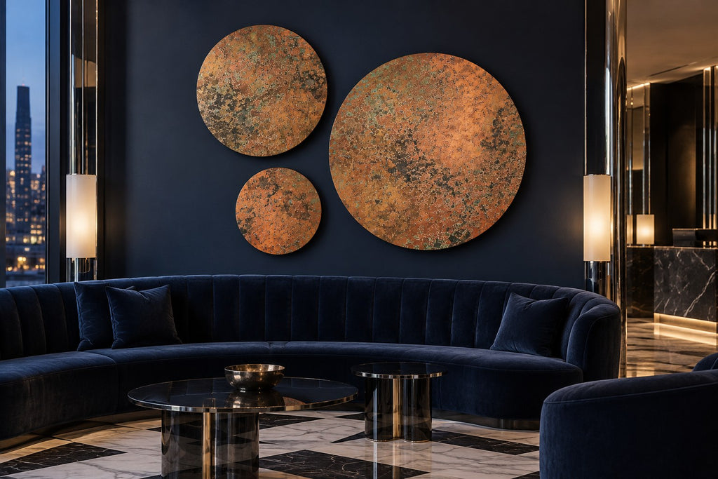Copper Orbit Mystic Copper Nebula – round copper wall art set of 3 on a navy wall above a curved velvet sofa in a hotel lobby at night, room visualization
