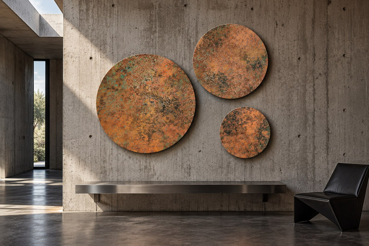 Copper Orbit Mystic Copper Nebula – 3 round real copper panels on a raw concrete wall above a floating steel bench in a minimalist hall, room visualization
