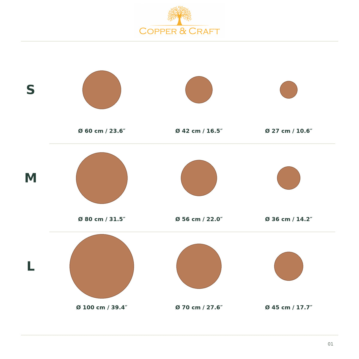 Copper Orbit Mystic Copper Nebula – size chart for the set of 3 circles: S Ø 60/42/27 cm, M Ø 80/56/36 cm, L Ø 100/70/45 cm, in cm and inches