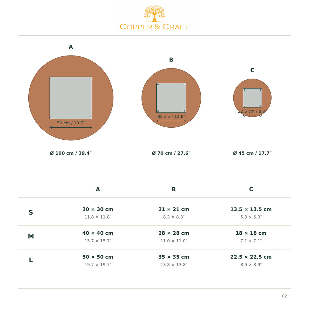 Copper Orbit Mystic Copper Nebula – rear view: centred square aluminium backing behind each circle, side half the diameter, backing sizes for S, M and L