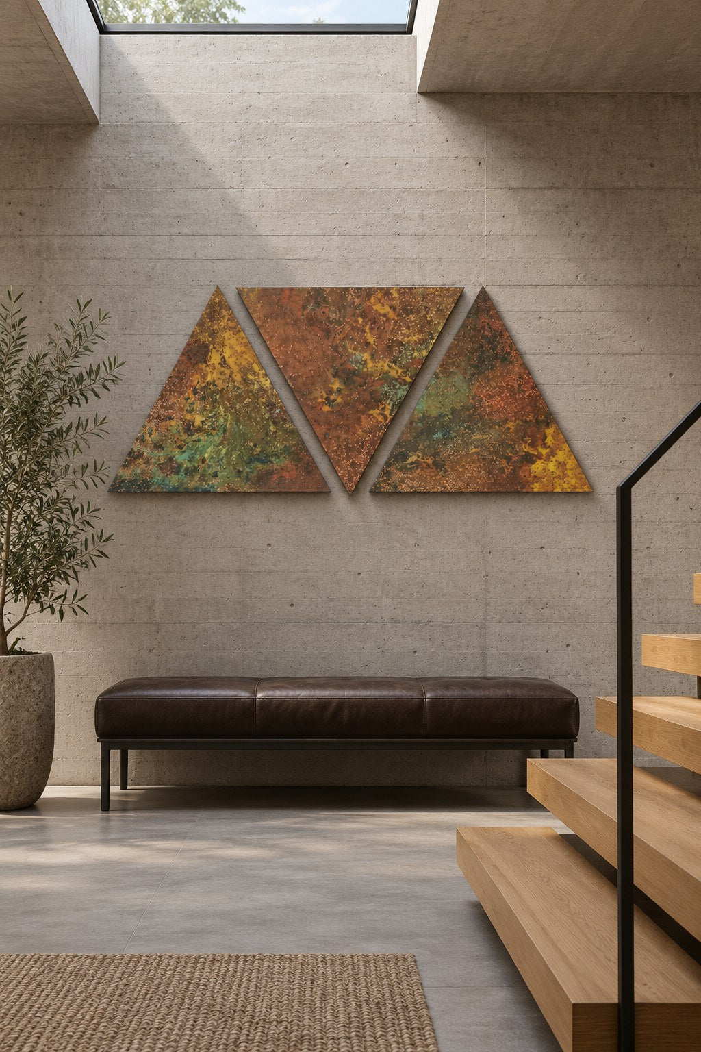 Copper Ridge Savage Copper Bloom – 3 panele z miedzi na betonowej ścianie przy schodach, wizualizacja aranżacji
