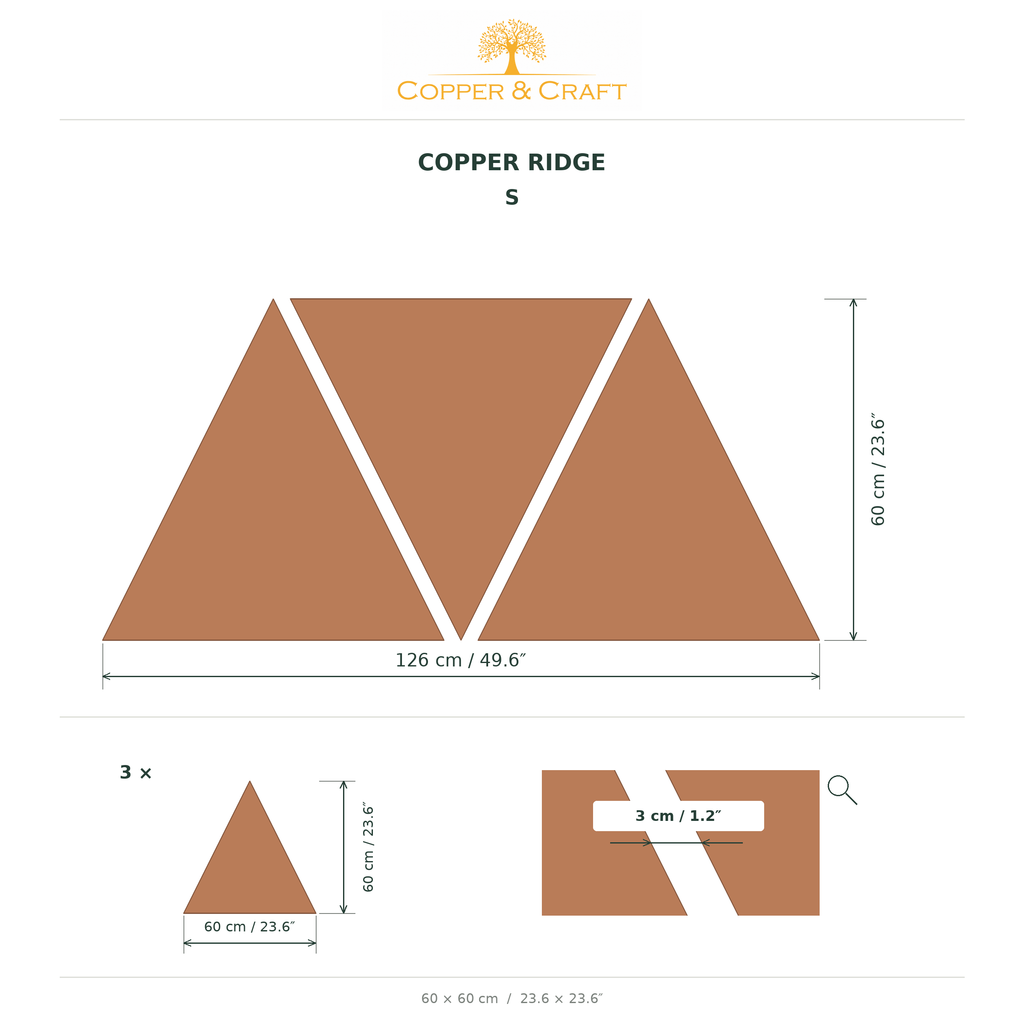 Copper Ridge rozmiar S – całość 126 x 60 cm, trzy trójkąty 60 x 60 cm, szczelina 3 cm