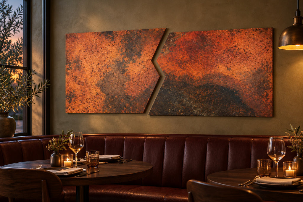 Copper Rift Eternal Copper Inferno – obraz z miedzi z zygzakowatą szczeliną nad bordową skórzaną kanapą w kameralnej restauracji, wizualizacja aranżacji