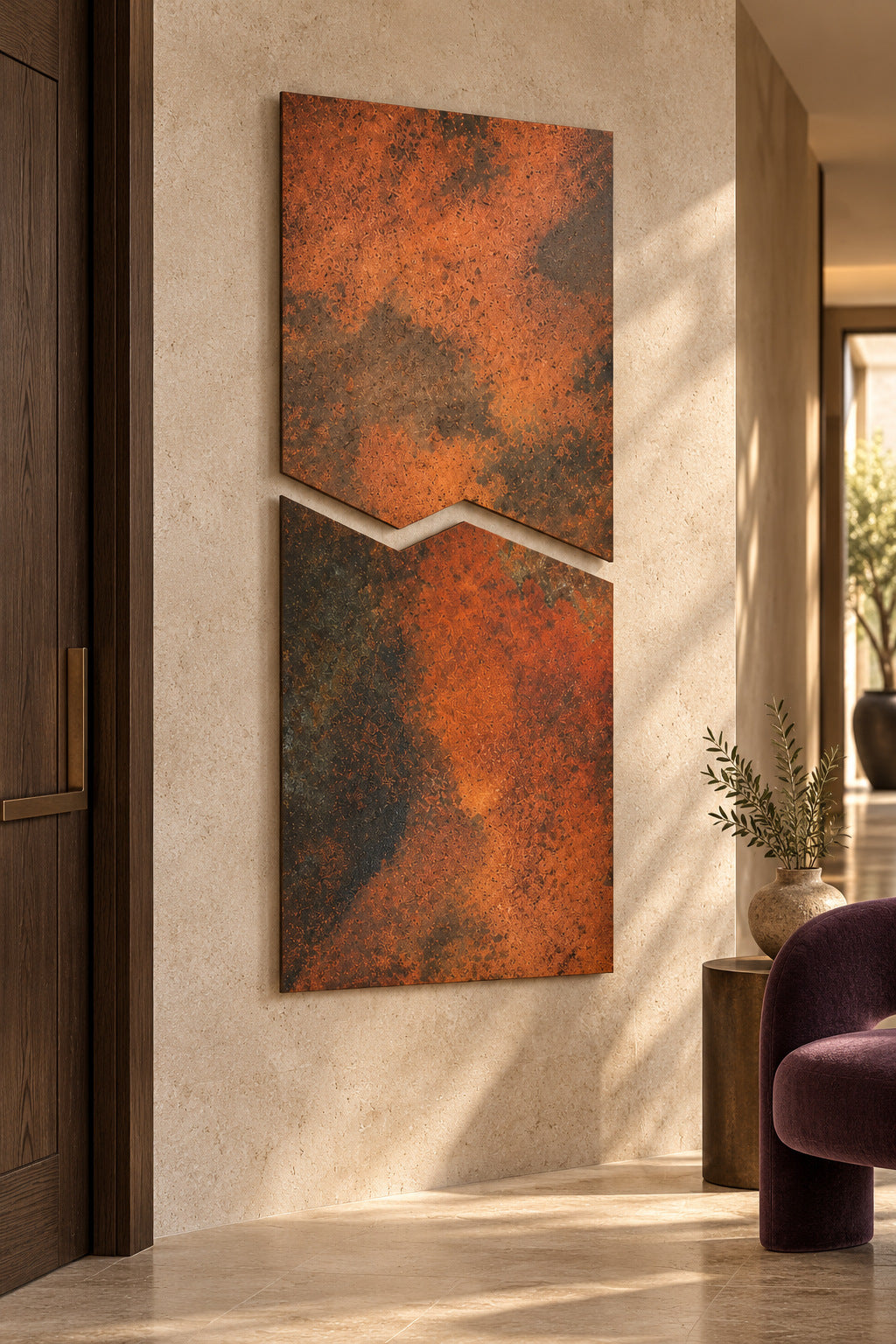 Copper Rift Eternal Copper Inferno – panele z miedzi powieszone pionowo, jeden nad drugim, na wapiennej ścianie korytarza w butikowym hotelu, wizualizacja aranżacji
