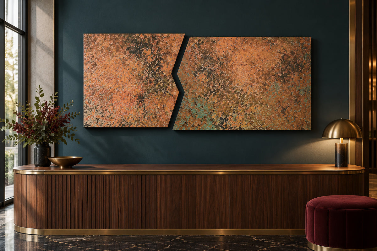 Copper Rift Mystic Copper Nebula – obraz z prawdziwej miedzi na ciemnej, zielononiebieskiej ścianie nad ryflowaną orzechową konsolą w lobby hotelowym, wizualizacja aranżacji