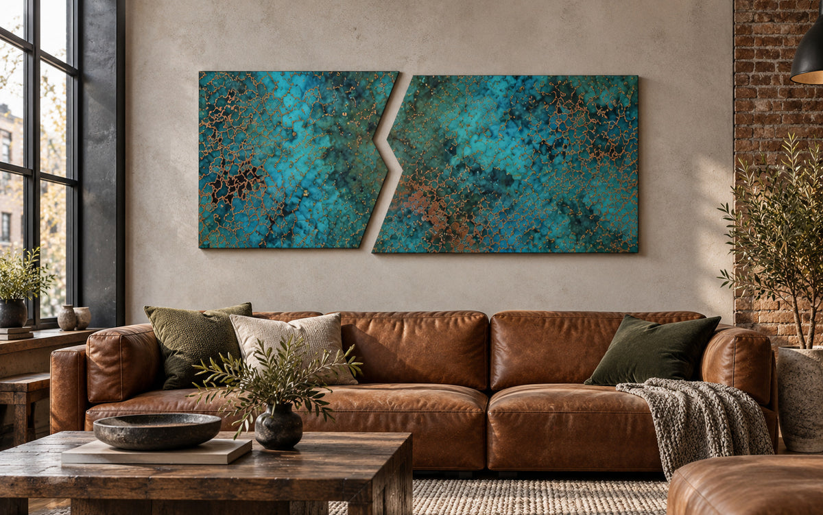 Copper Rift Oceanic Copper Pulse – zestaw 2 paneli z miedzi nad koniakową skórzaną sofą w industrialnym lofcie z cegłą, wizualizacja aranżacji