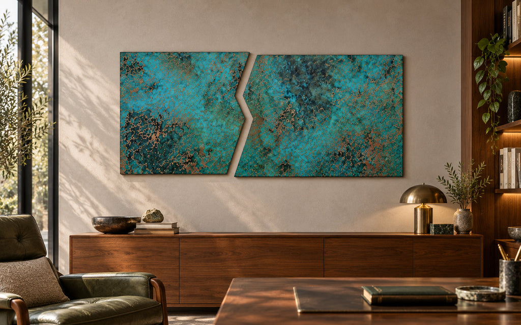 Copper Rift Oceanic Copper Pulse – obraz z miedzi nad orzechową komodą z mosiężną lampą obok zielonego skórzanego fotela w gabinecie, wizualizacja aranżacji