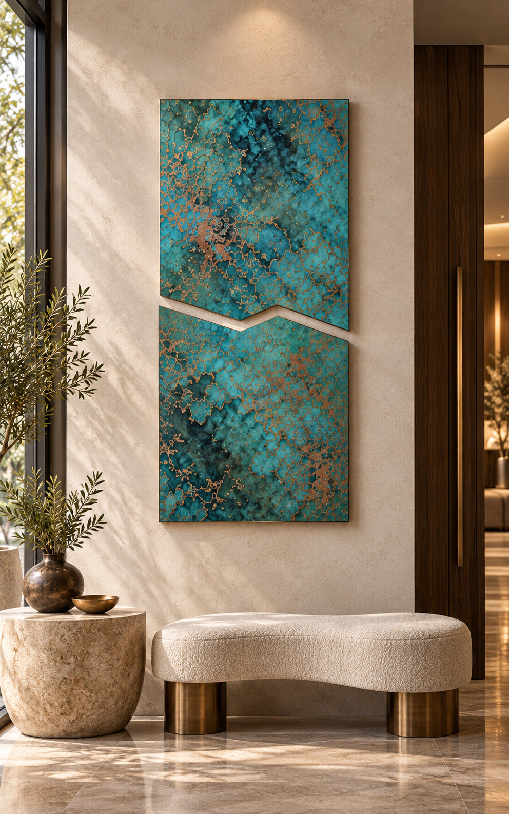 Copper Rift Oceanic Copper Pulse – panele z miedzi powieszone pionowo, jeden nad drugim, przy wejściu do hotelu nad ławką bouclé i kamiennym stolikiem, wizualizacja aranżacji
