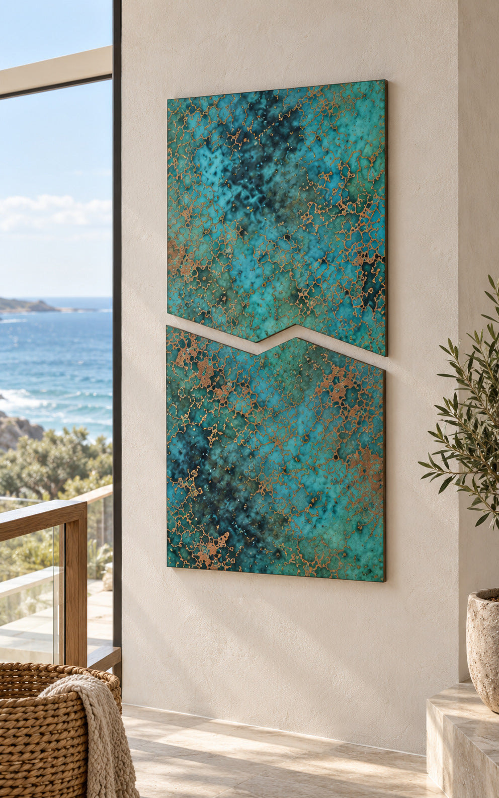 Copper Rift Oceanic Copper Pulse – 2 panele z prawdziwej miedzi w układzie pionowym na jasnej ścianie przy szklanej balustradzie z widokiem na morze, obok wiklinowego kosza, wizualizacja aranżacji