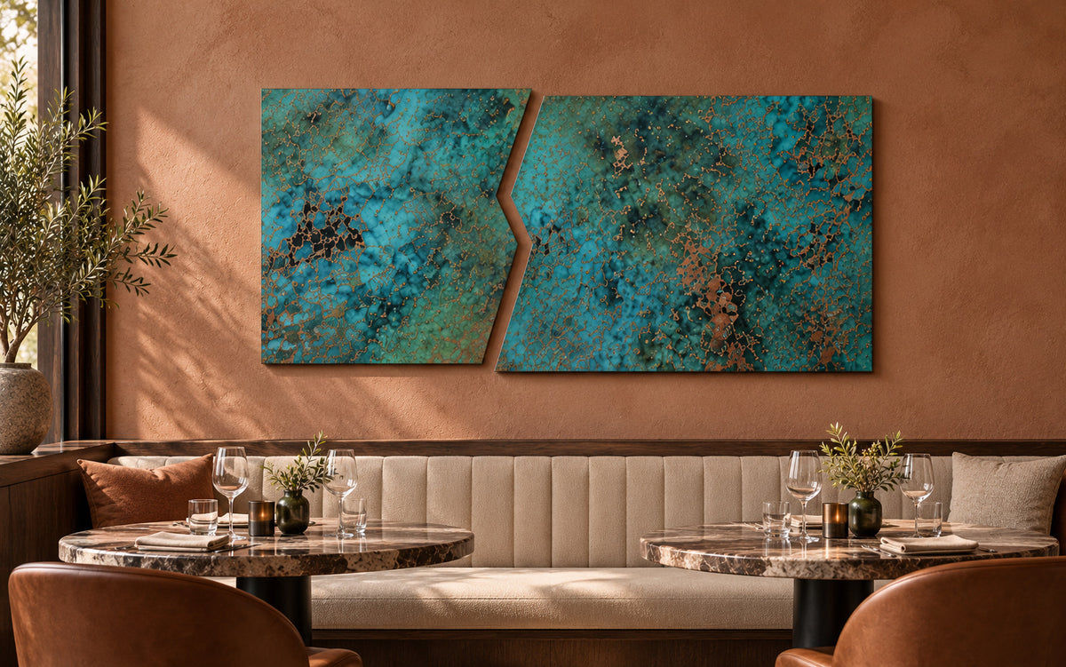 Copper Rift Oceanic Copper Pulse – obraz z prawdziwej miedzi na terakotowej ścianie nad kremową pikowaną kanapą i marmurowymi stolikami w restauracji, wizualizacja aranżacji