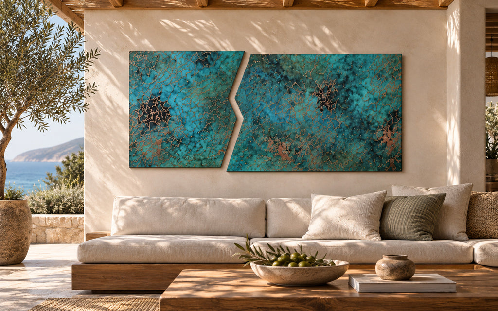 Copper Rift Oceanic Copper Pulse – obraz z miedzi na ścianie śródziemnomorskiego patio nad białą sofą ogrodową, z widokiem na morze i drzewkiem oliwnym, wizualizacja zewnętrzna
