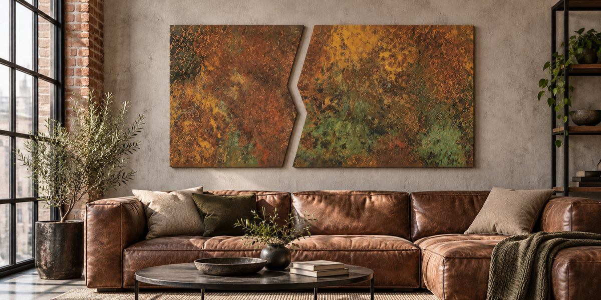 Copper Rift Savage Copper Bloom – zestaw 2 paneli z miedzi nad koniakową skórzaną sofą w industrialnym lofcie z cegłą, wizualizacja aranżacji