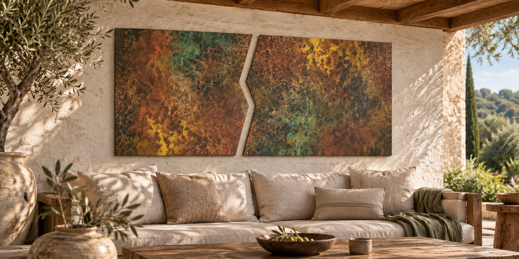 Copper Rift Savage Copper Bloom – obraz z miedzi na ścianie zadaszonego śródziemnomorskiego patio nad sofą ogrodową z poduszkami, wizualizacja zewnętrzna