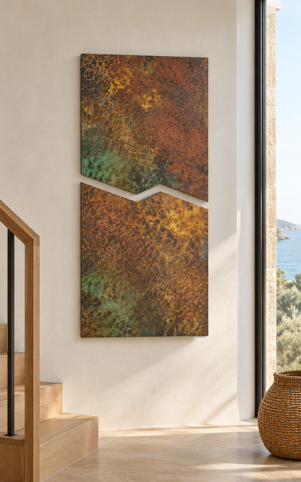 Copper Rift Savage Copper Bloom – obraz z miedzi w układzie pionowym przy schodach, obok okna z widokiem na morze, wizualizacja aranżacji