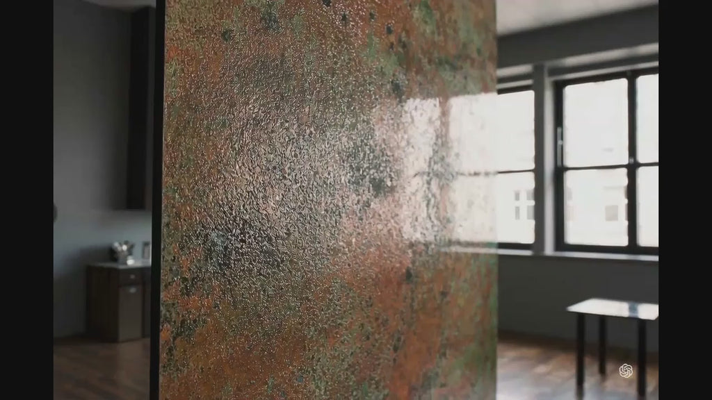 Zbliżenie ręcznie patynowanej powierzchni miedzianego panelu Mystic Copper Nebula