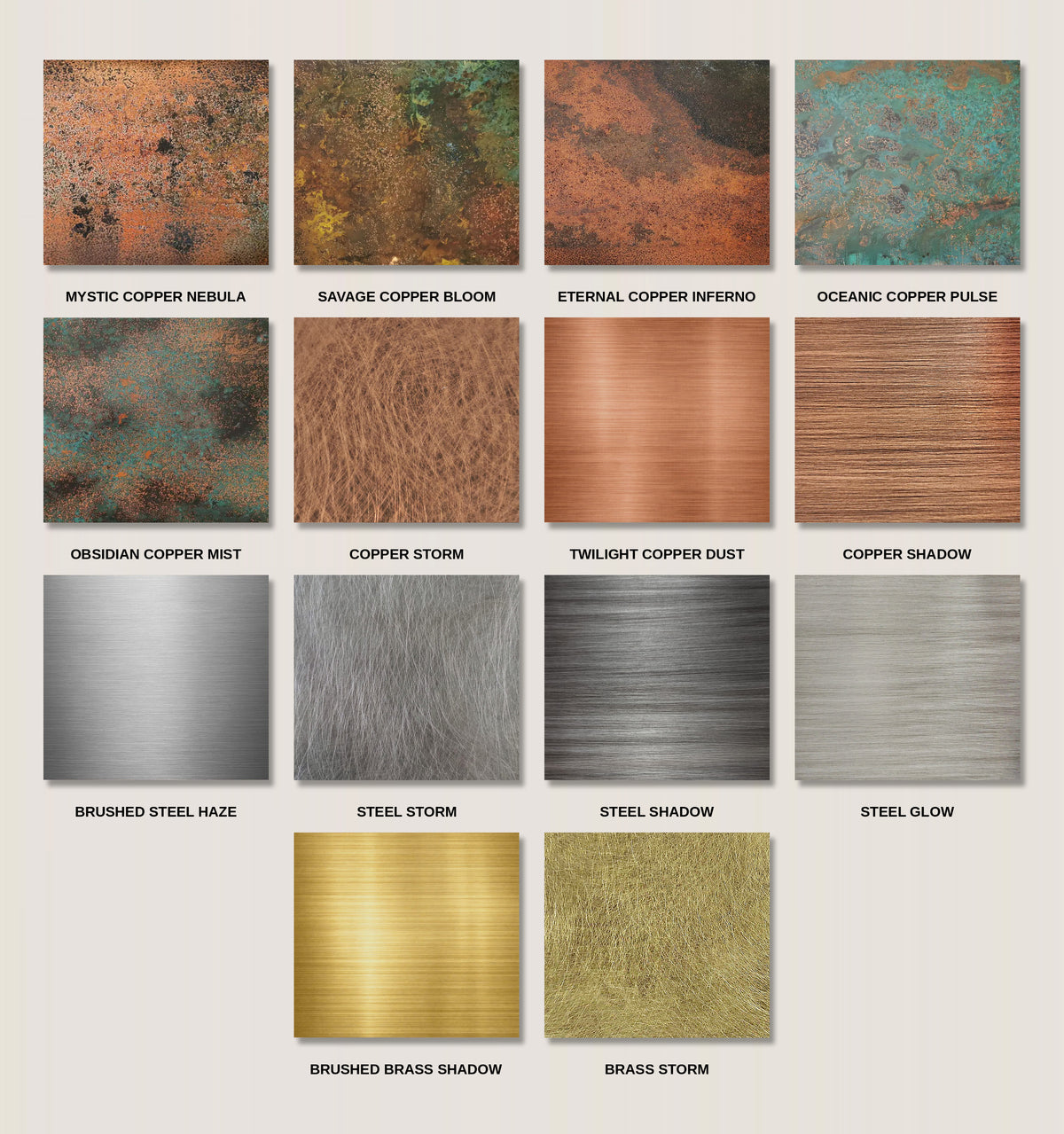 Sample chart of 14 metal finishes – patinated copper, brushed copper, stainless steel and brass with finish names